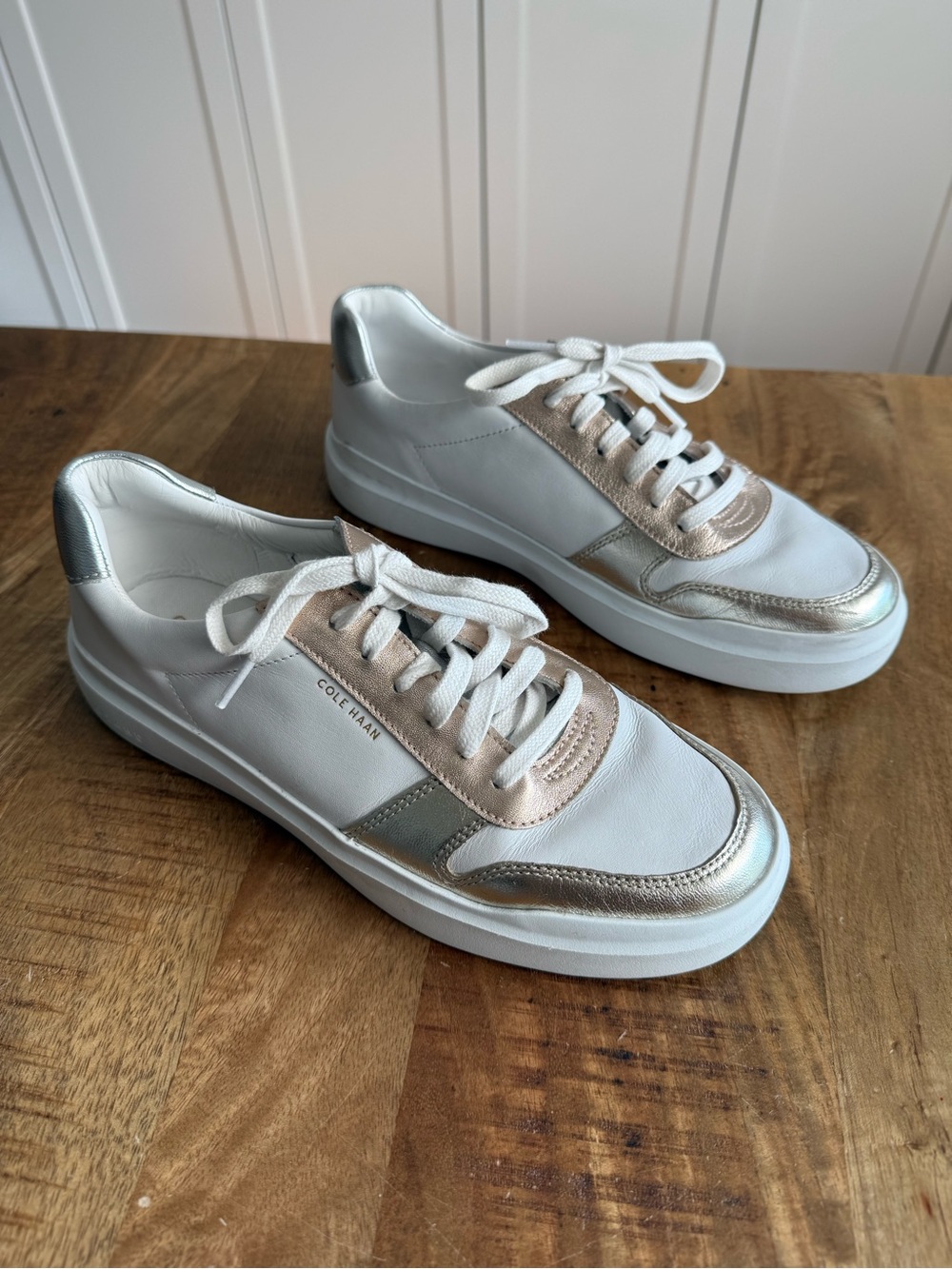 Cole Haan Grandpro White Leather Sneakers with Metallic Accents